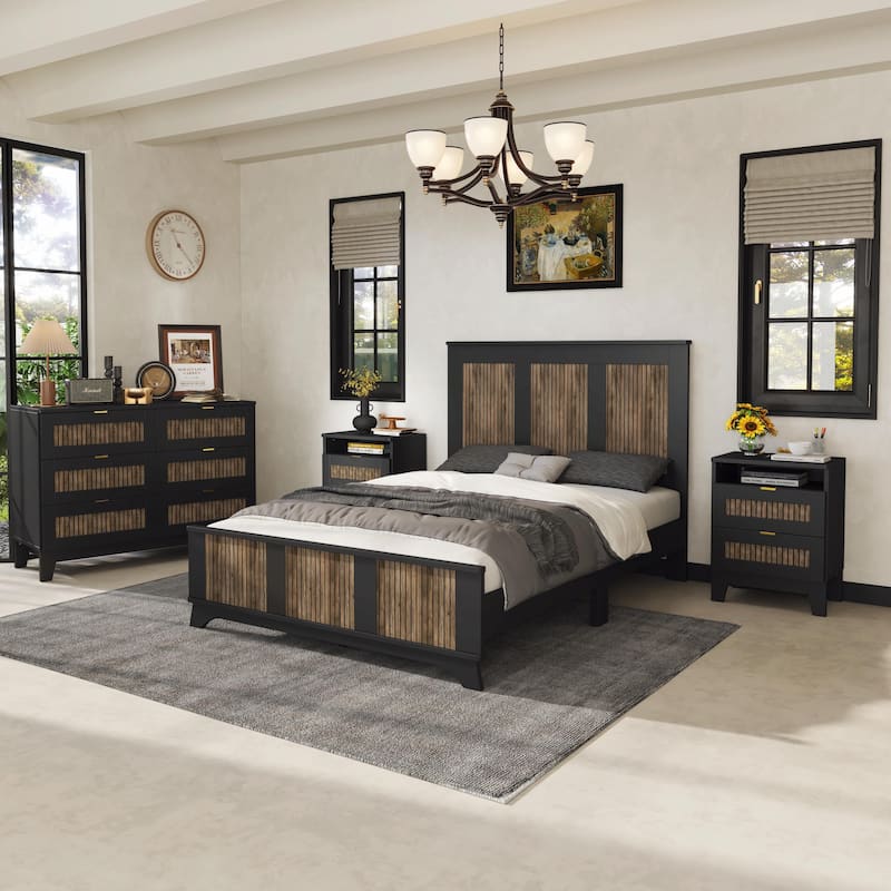 4-Piece Bedroom Set: Farmhouse Platform Bed, Nightstand, and Dresser with Metal Handles