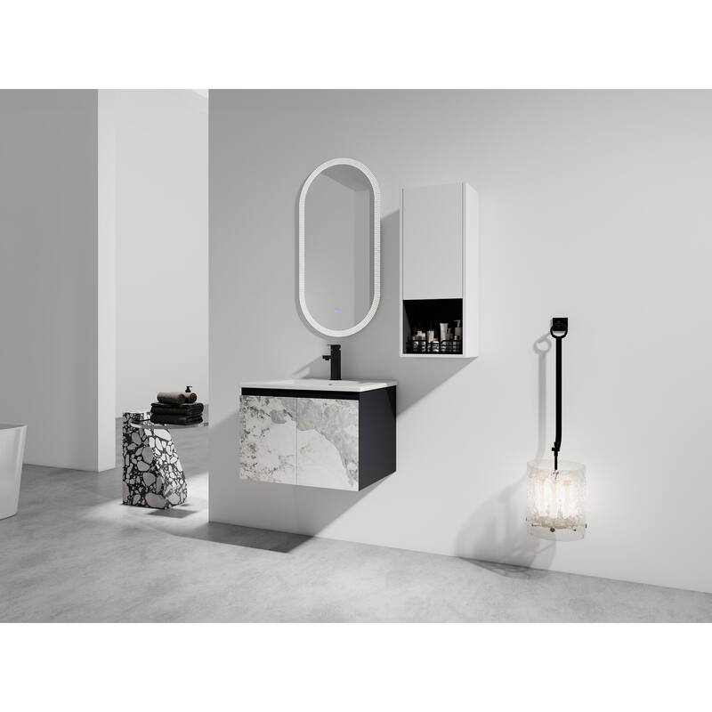 24" Wall-Mounted Bathroom Vanity with Ceramic Sink and Soft-Close Doors, Side Cabinet for Extra Storage
