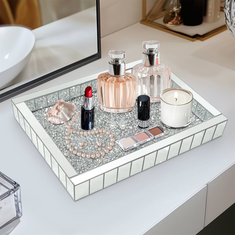 Crush Diamond Mirrored Tray Jewelry Perfume Organizer Bathroom Vanity Tray - Rectangle 14.76"x10.82"x1.96"