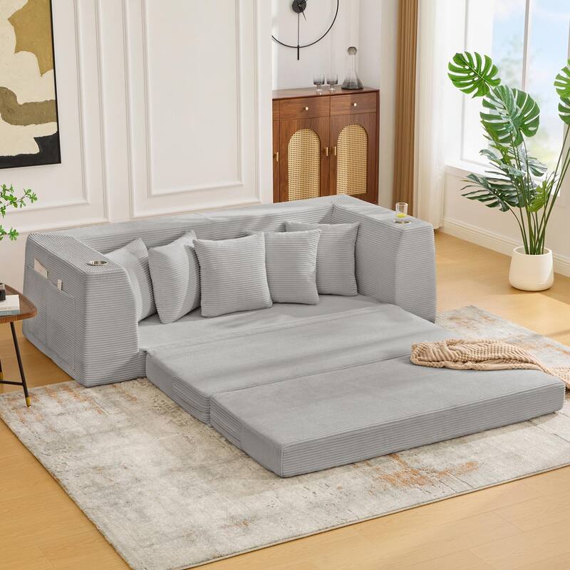 2 in 1 Convertible Sofa Bed, Sleeper Sofa with Storage Pockets, Pull Out Loveseat Couch with Two Cup Holders