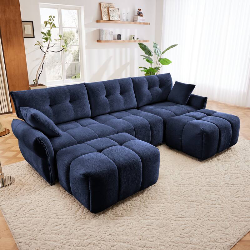 3-Seater U-Shaped Modular Sofa with 2 Ottomans & Pillows - Blue