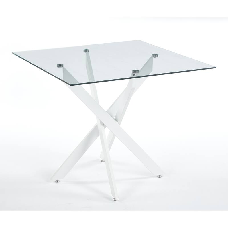 Square Glass Dining Table for 4 Person, Kitchen Table with Tempered Glass & Cross Metal Legs, Modern Leisure Coffee Table
