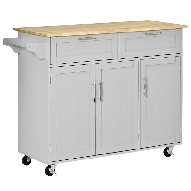 HOMCOM 48" Modern Kitchen Island Cart on Wheels with Storage Drawers, Rolling Utility Cart with Adjustable Shelves, Cabinets