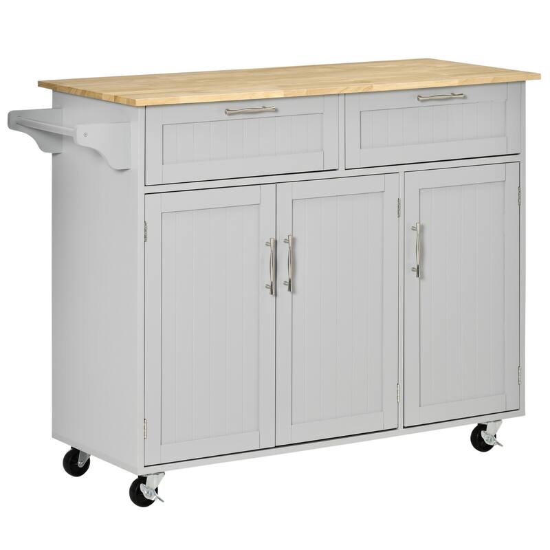 Mobile Kitchen Island On Fixed Wheels with Storage Space, 2 Drawers, 3 Cupboards, Adjustable Shelves and Towel Rack, White