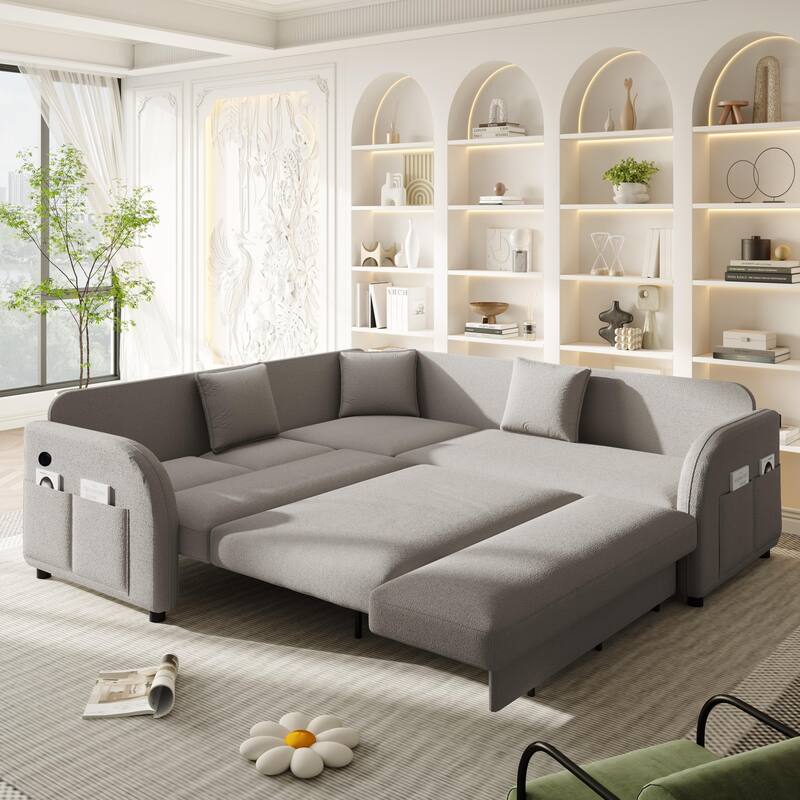 85" L-Shaped Convertible Sleeper Sofa with Pull-Out Bed, Teddy Upholstery & USB Ports