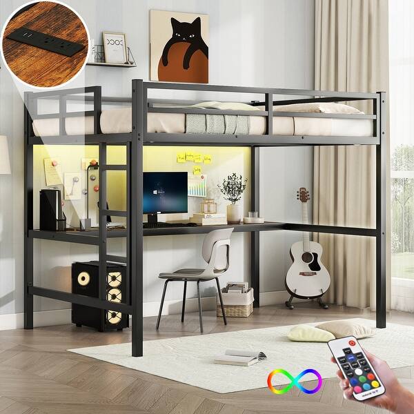 slide 2 of 18, Metal High Loft Bed with Built-in Desk,Charging Station and LED Light Black - Full