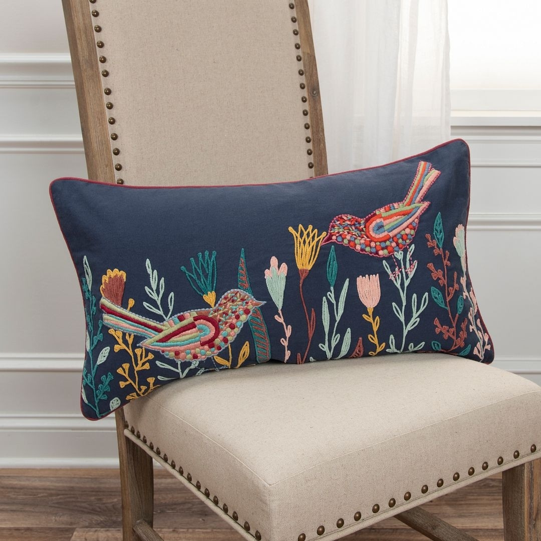 Rizzy Home Navy Blue Multi-colored Floral and Birds Throw Pillow, 14x26
