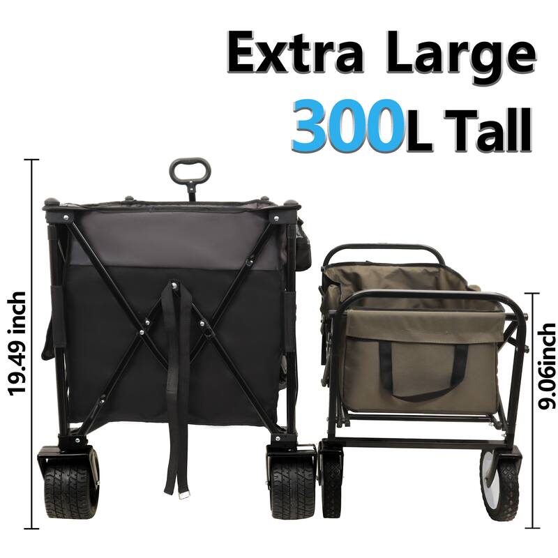 Extra Large 300L Tall Folding Wagon - 480lb Capacity with Brakes, Pockets & Drink Holders, Black & Gray