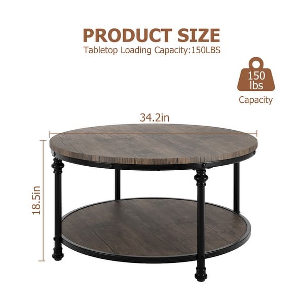 34.2in Wood Circle Coffee Table, with Storage Shelf, Metal Legs On