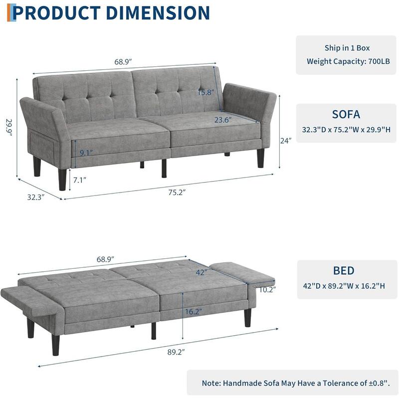 89" Futon Sofa Bed, with Adjustable Backrest & Armrest