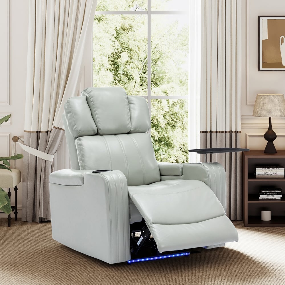 PU Leather Office Chair, Home Theater Recliner Chair with Cooling Cup Holder, Lounge Chair with Tray Table & USB Ports