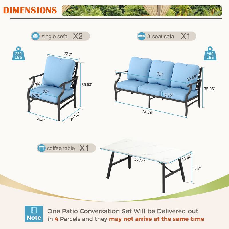 MAISON ARTS 4/5-Piece Patio Conversation Sets, Sofa Set with 2 xSingle Sofa Chairs, 1 x 3-seater Sofa and Coffee Table/Ottomans