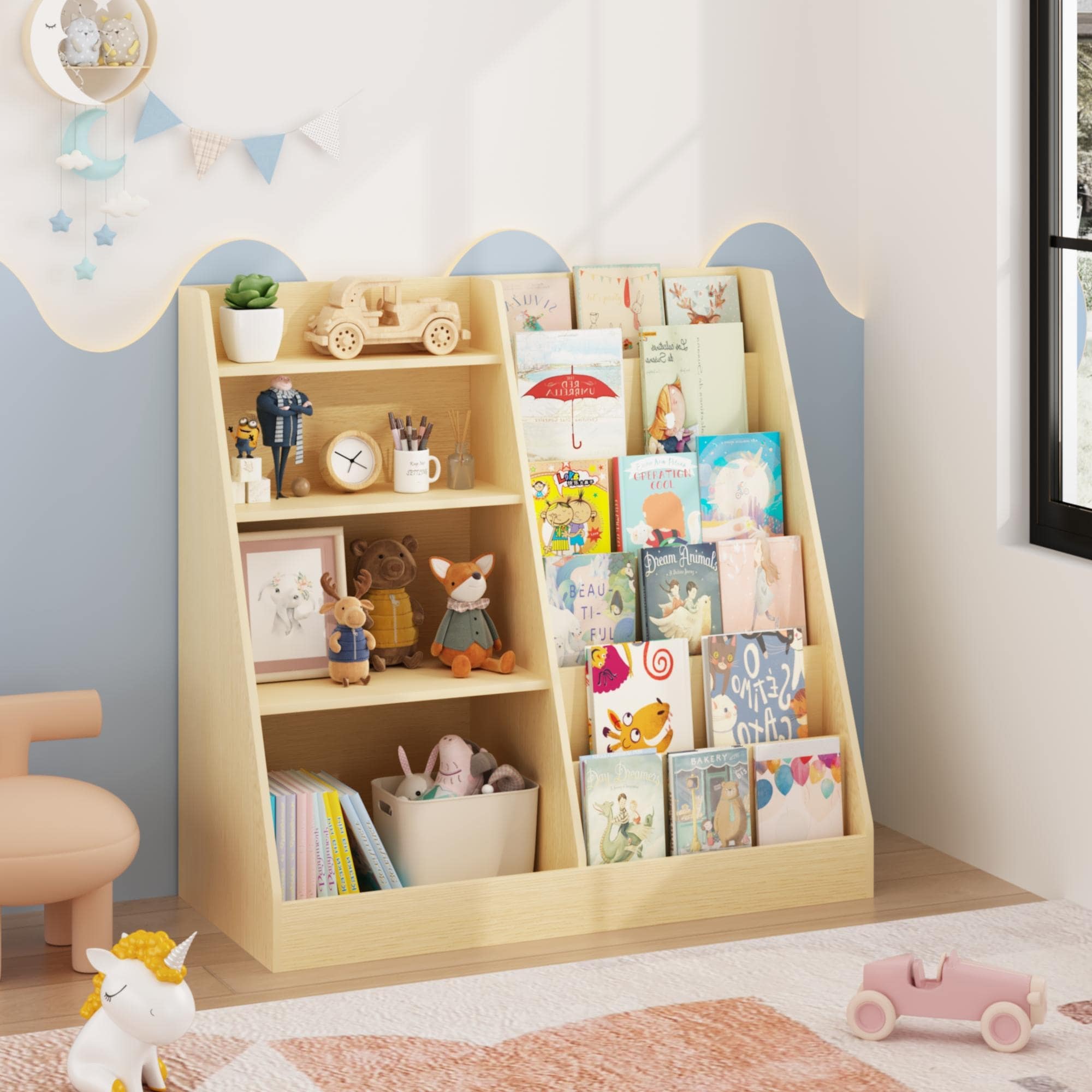 Kids Bookshelf and Toy Storage Organizer, Multifunctional 4 Tier Wooden Kids Book Shelf with Bookcase Display Stand