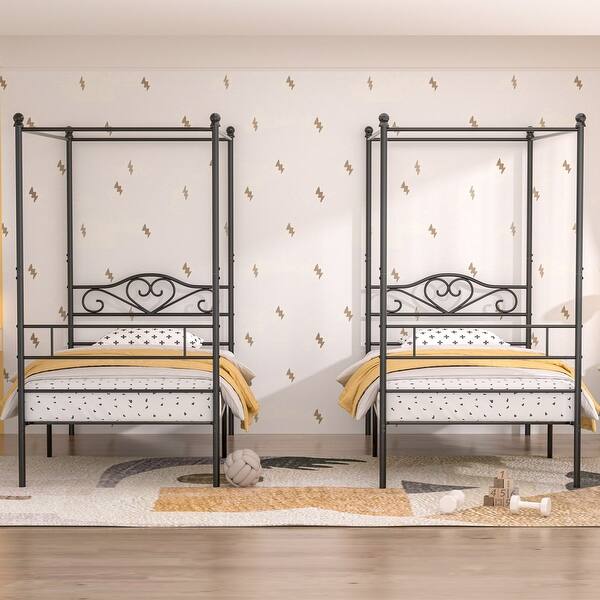 slide 2 of 24, VECELO Twin Bed Set of 2 Canopy Bed Frame with Headboard and Footboard, Metal Four Posters Design Black