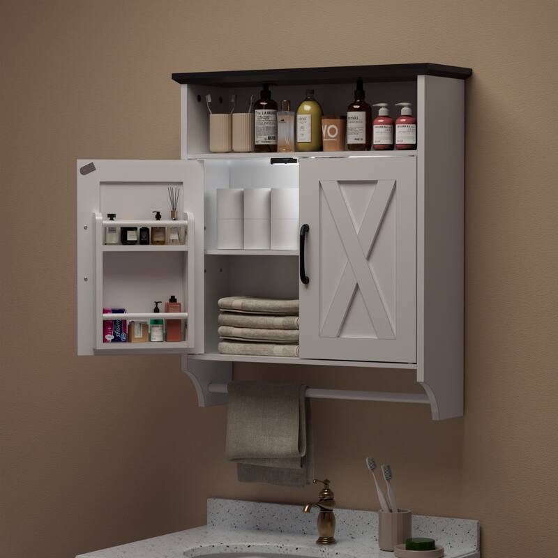 VECELO White Wall Mounted Cabinet with Adjustable LED Sensor Light Towel Bar Bathroom Kitchen Storage Organizer for Small Spaces