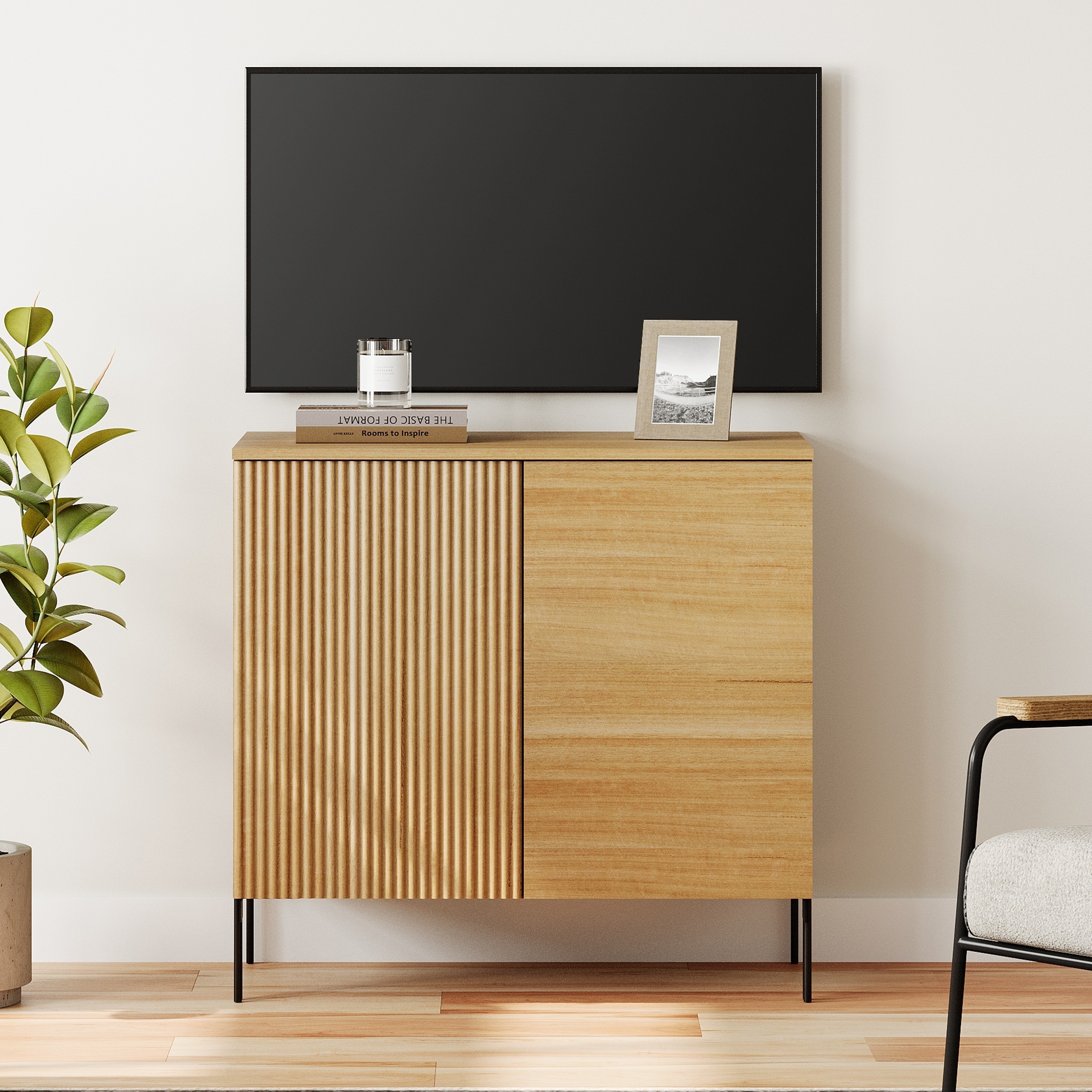 31.5" Modern Reeded TV Stand With Doors, Entertainment Center With Shelf, Wooden TV Console 
