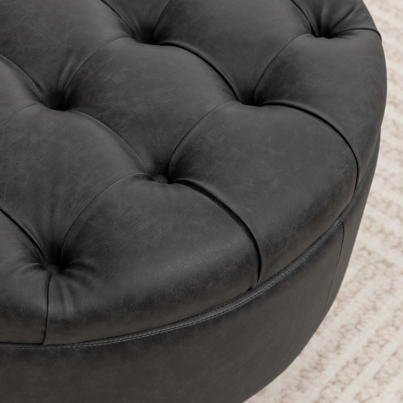 SEYNAR 29.5''Modern PU Leather Round Storage Ottoman with Wood Legs