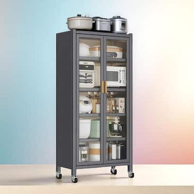 6-Tier Metal Pantry Cabinet with Transparent Doors and Wheels, Freestanding Kitchen Storage Organizer