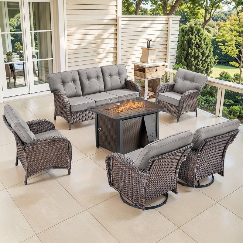 Pocassy Outdoor 43 In Fire Table with Sofa Swivel Patio Chair Set - Brown Wicker Gray Cushion - 6-Piece Sofa Patio Swivel Chair with Fire Table