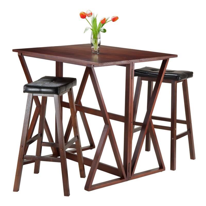 3-Pc Drop Leaf High Table with Cushion Saddle Seat Bar Stools, Walnut and Black
