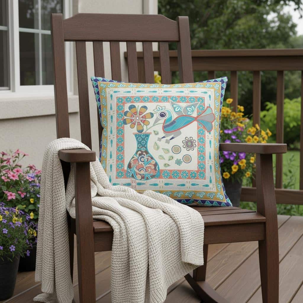 HomeRoots 16" x 16" Blue and Beige Peacock Blown Seam Floral Indoor Outdoor Throw Pillow - 16.00' X '5.00' X '16.00