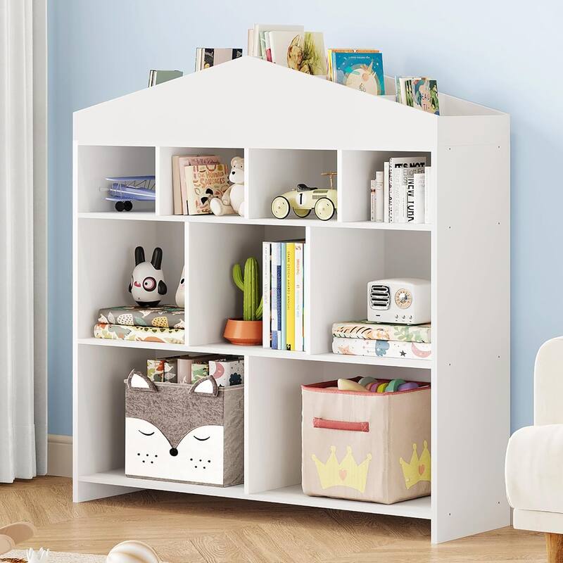 Kids Bookshelf with 9 Storage Cubbies Dollhouse Bookcase Toy Storage Organizer - White
