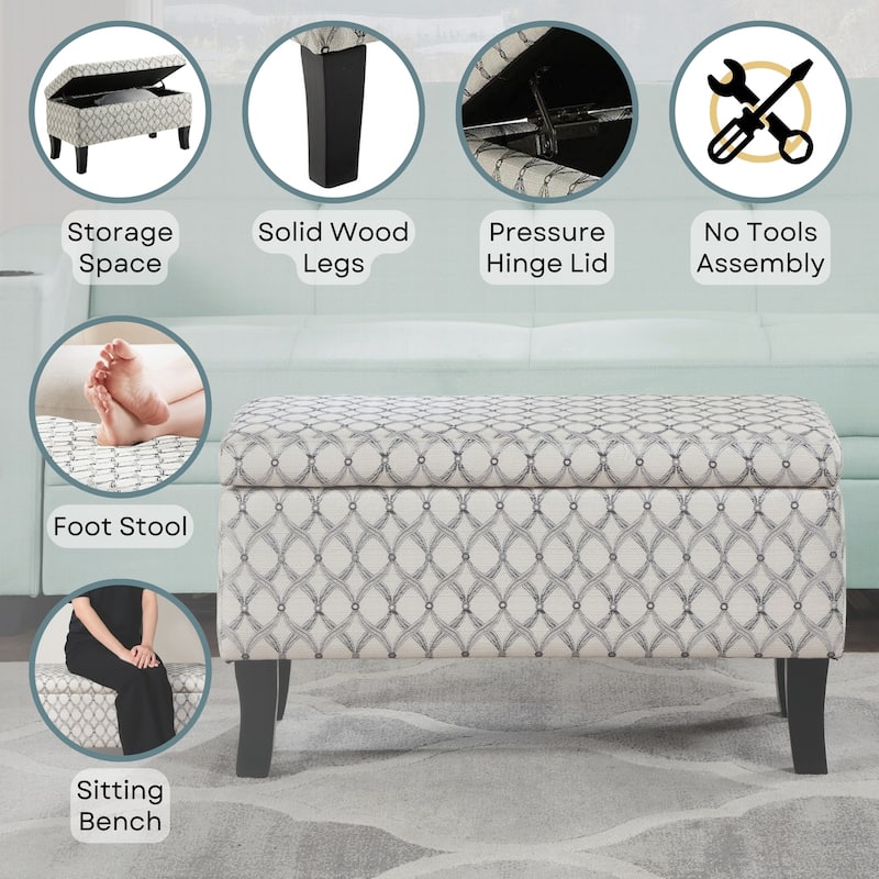 Round Accent Storage Ottoman with Reversible Tray Lid - Upholstered Ottoman with Hidden Storage and Serving Top