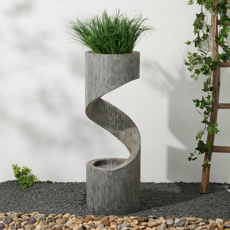 Glitzhome 40"H Modern Minimalist Spiral Oversized LED Polyresin Fountain with Planter - Grey
