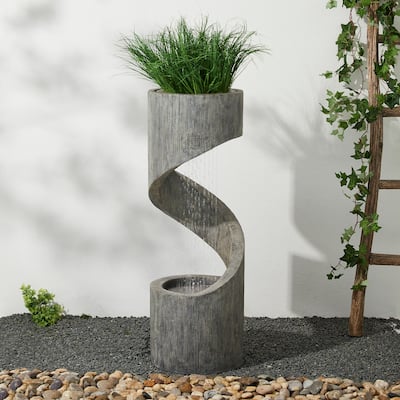 Glitzhome 40"H Modern Minimalist Spiral Oversized LED Polyresin Fountain with Planter