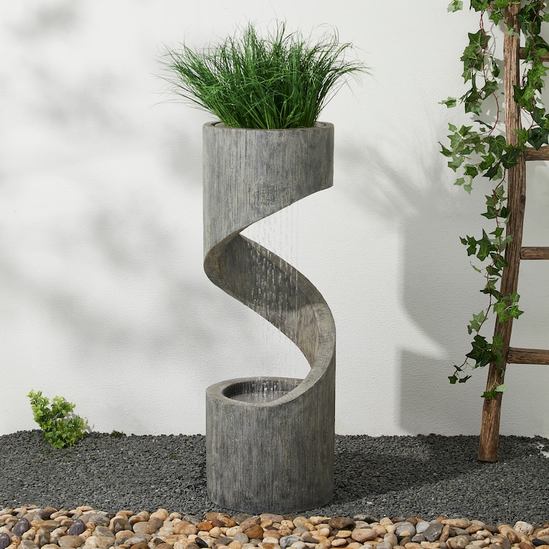 Glitzhome Modern Minimalist Spiral LED Polyresin Outdoor Fountain with Small Planter