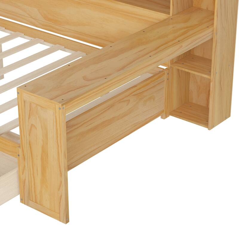 Full Size Wooden Daybed Platform Bed with Recessed Desk Storage Shelves and 2 Drawers Under Bed for Compact Spaces, Bedroom