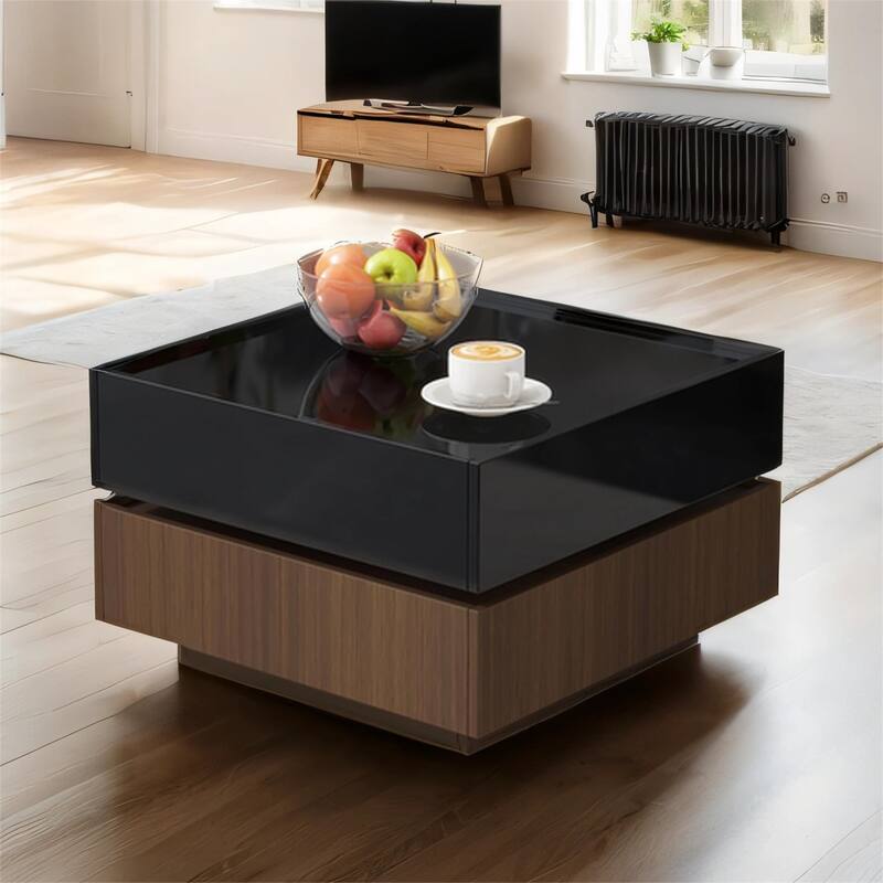 Square 360°Rotating Coffee Table with 2 Drawers, Swivel Tabletop