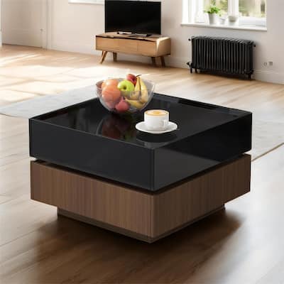 Square 360°Rotating Coffee Table with 2 Drawers, Swivel Tabletop