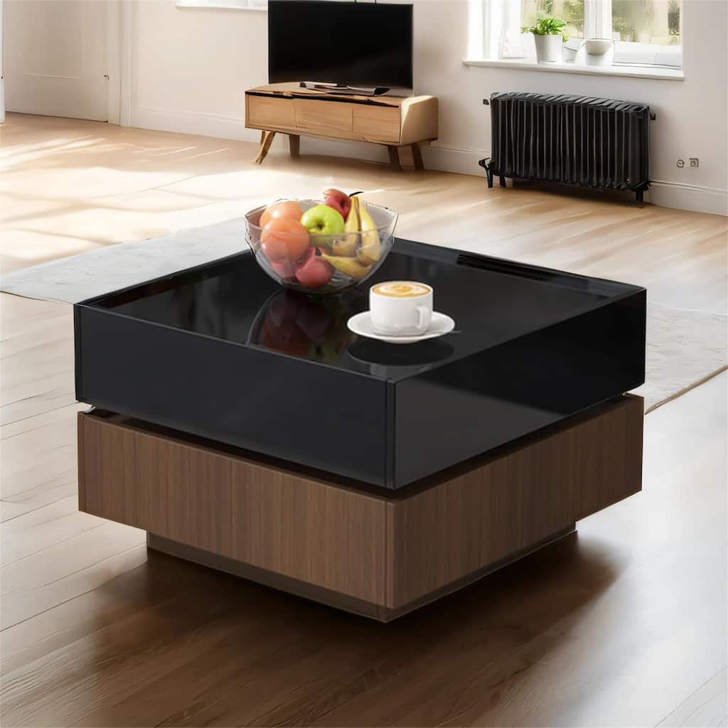Square 360°Rotating Coffee Table with 2 Drawers, Swivel Tabletop