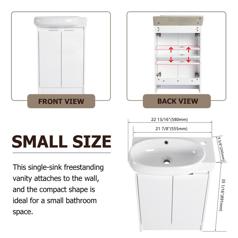 Compact 23'' Freestanding Vanity with Round Ceramic Sink & Soft-Close Hinges for Bathroom