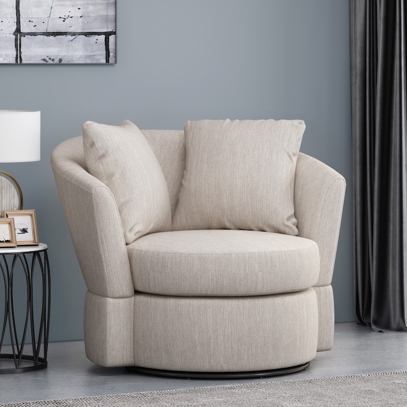 Roomfitters Upholstered Swivel Accent Chair, Cozy Round Armchair with Two Pillows, Beige