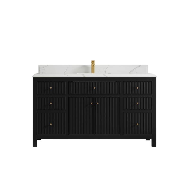 Willow Collections 60 in W x 22 in D Sonoma Free Standing Reeded Single Sink Bathroom Vanity with Countertop - 1.5" Calacatta Laza - Black