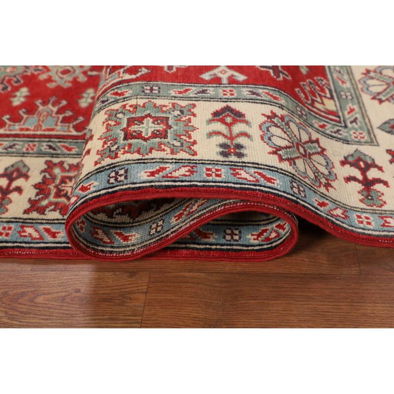 Geometric Red Kazak Rug Hand-Knotted Bedroom Wool Carpet - 4'10" x 6'9"