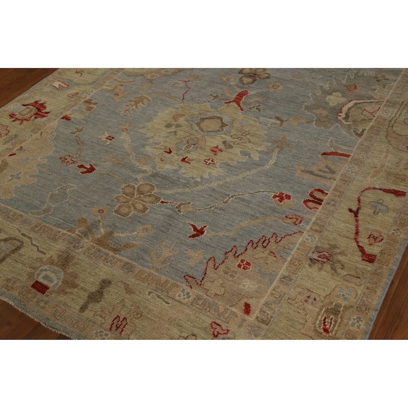 Hand Knotted Oriental 100% Wool Carpet Transitional All-Over Navy Blue & Blues Oushak Area Rug - 8' 8'' X 5' 11''