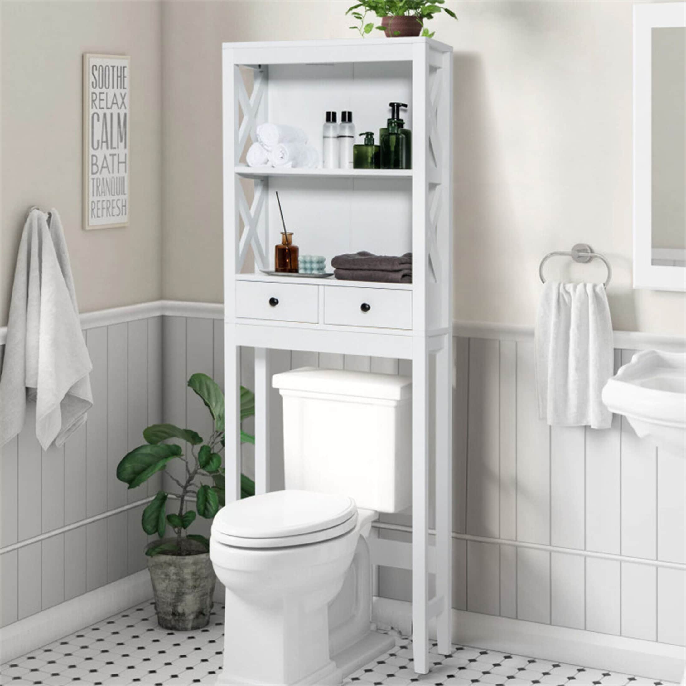 Spirich 3 Tier Bathroom Shelf Wall Mounted with Towel Hooks, Bathroom  Organizer Shelf Over The Toilet (White)