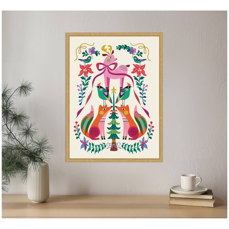 Kate and Laurel Sylvie Framed Canvas Winter Woodland Animals Christmas Tree by Rachel Lee