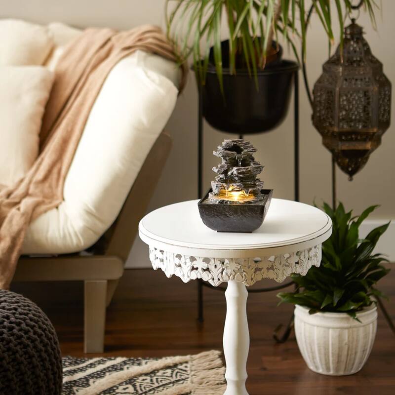 LED Lighted Tiered Rock Formation Tabletop Fountain - 7" - Black