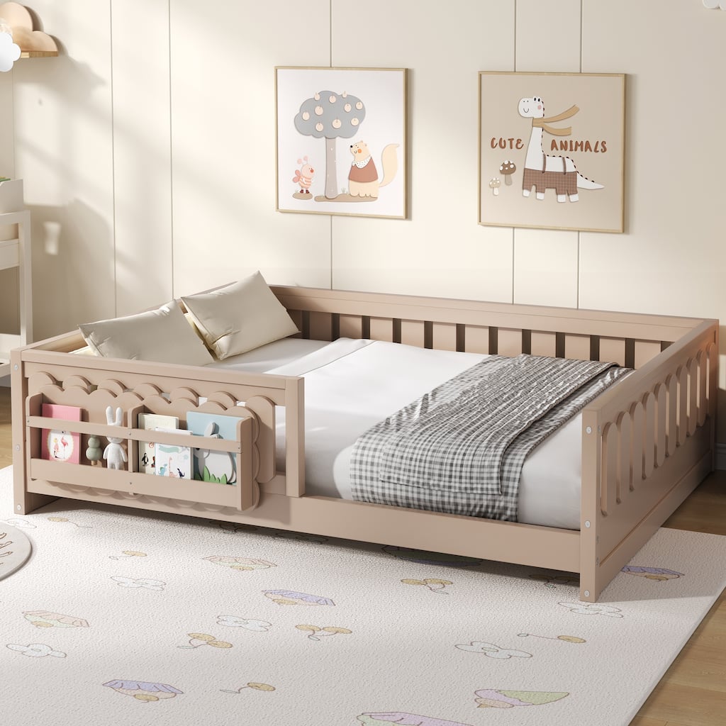 GDFStudio - Modern Wooden Full Size Platform Bed with Guardrail and Storage Shelves