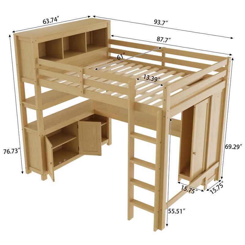 Queen Wood Loft Bed with Wardrobe, Desk & Bookshelf, Space-Saving Loft Bed with Storage Cabinet and Ladder for Kids & Teens