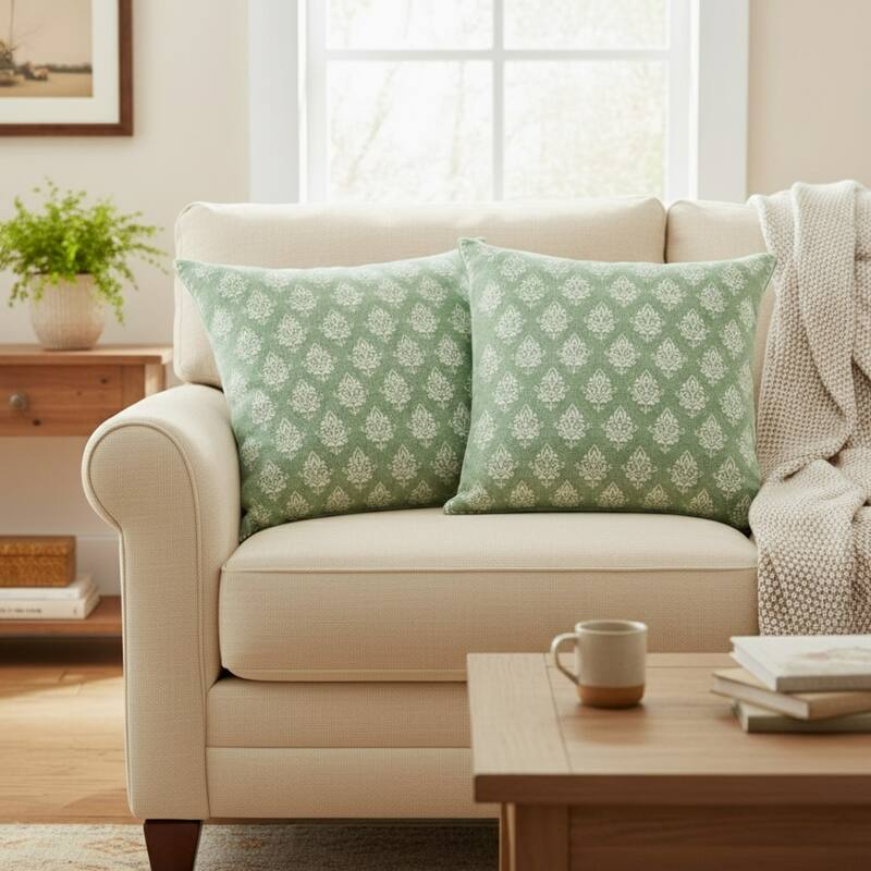Handwoven Damask Square Throw Pillows - 20" - Meadow Green and White - Set of 2