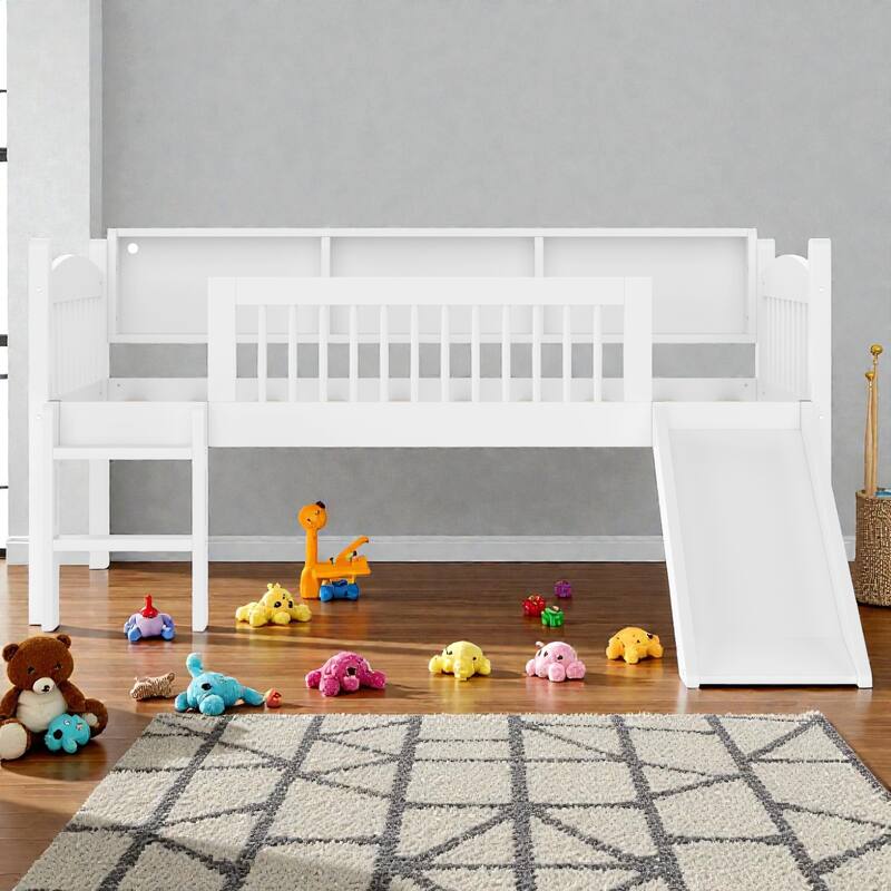 Twin XL/Twin Wood Loft Bed with Storage Shelves, LED Lights, Full-Length Guardrails & Solid Wood Frame, No Box Spring Needed