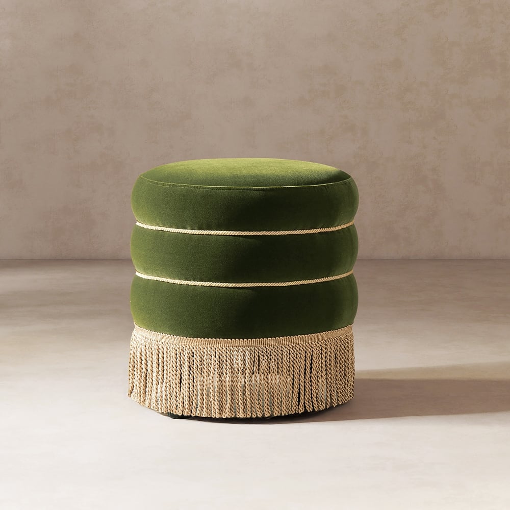 Edward 17.5" Round Upholstered Ottoman with Gold Bullion Fringe
