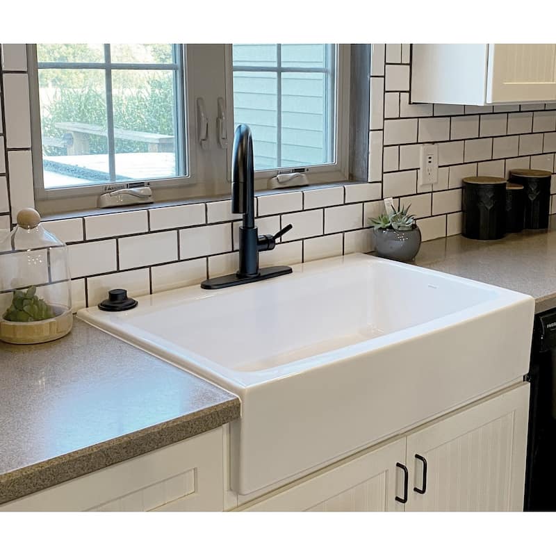 Parker Crisp White Fireclay 34" Single Bowl Quick-Fit Farmhouse Apron Front Drop-in Kitchen Sink with 1 Hole and Drain