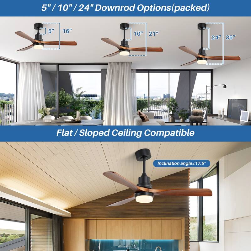 52" Farmhouse Style Wood Walnut Ceiling Fan With Lights and Remote Control, Dimmable LED Included