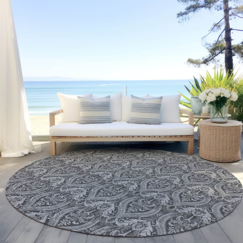 Machine Washable Indoor/ Outdoor Damask Chantille Rug